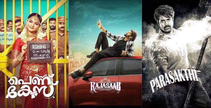 Collage of new movie releases in Kerala including The Raja Saab, Parasakthi, and Pennu Case.