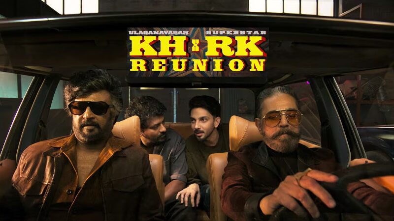 If your image is a screenshot from the promo/garage scene: Kamal Haasan and Rajinikanth walking together with retro swag in the new KH x RK movie glimpse directed by Nelson.